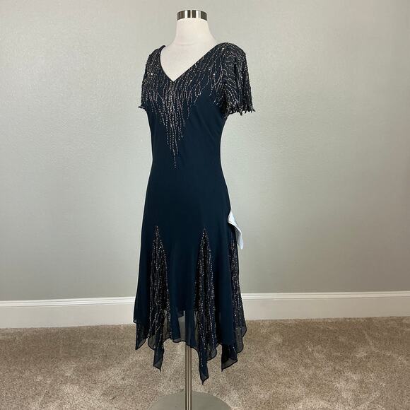 JKara Beaded Chiffon Short Sleeve Fit and Flare Midi Cocktail Dress Blue Size 6 - Picture 4 of 12